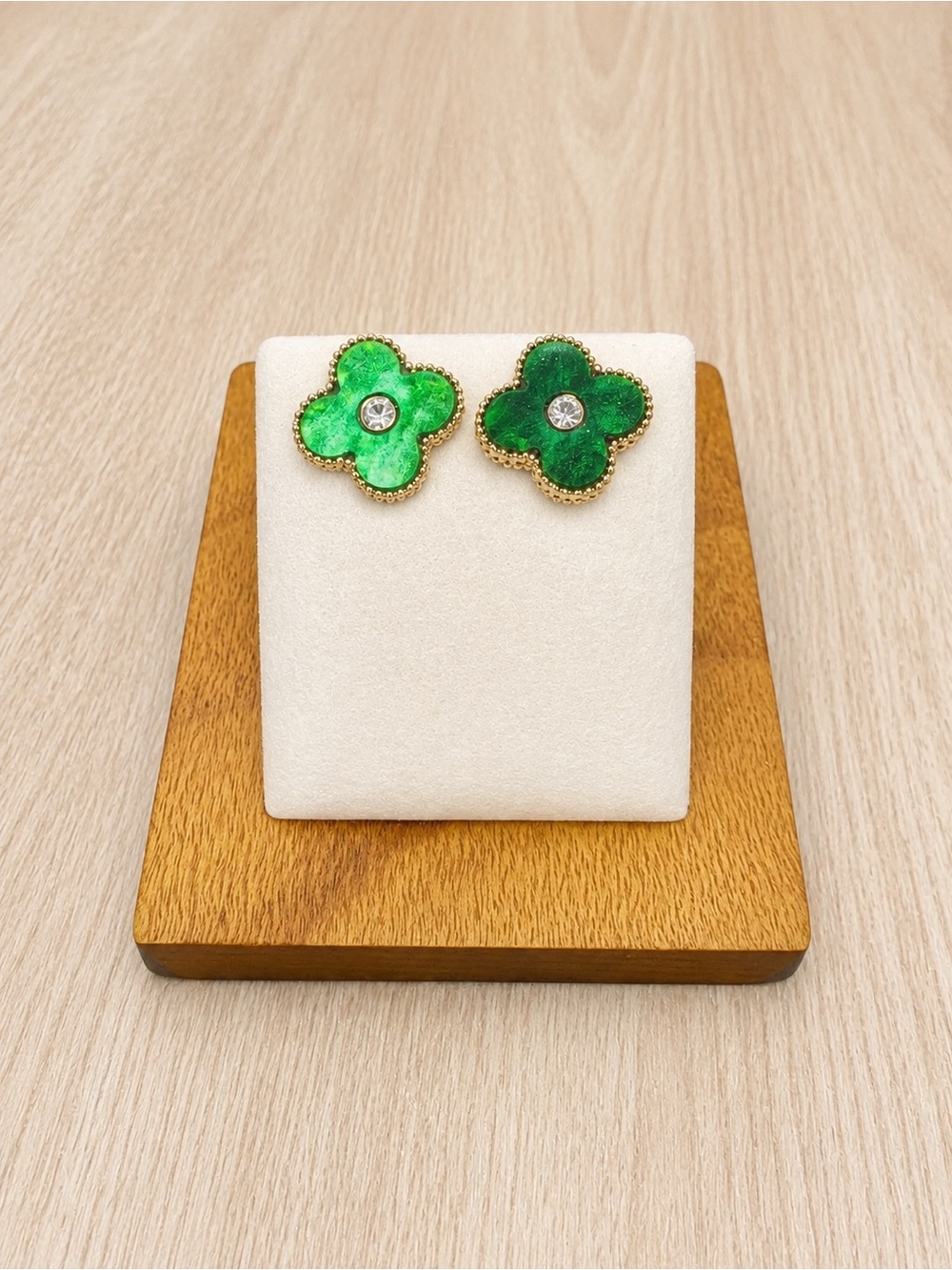 Green Clover Flower Stud Earrings - Gold Trim
